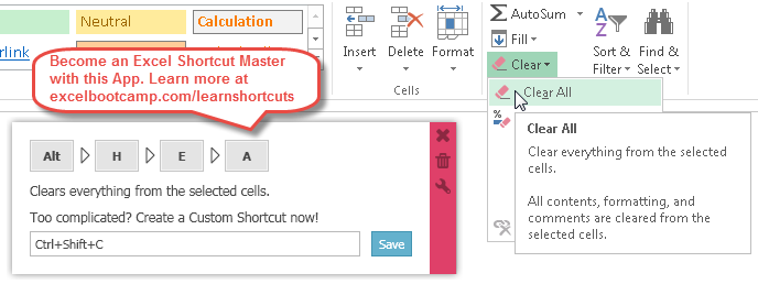 mac excel 2016 shortcut for clear format